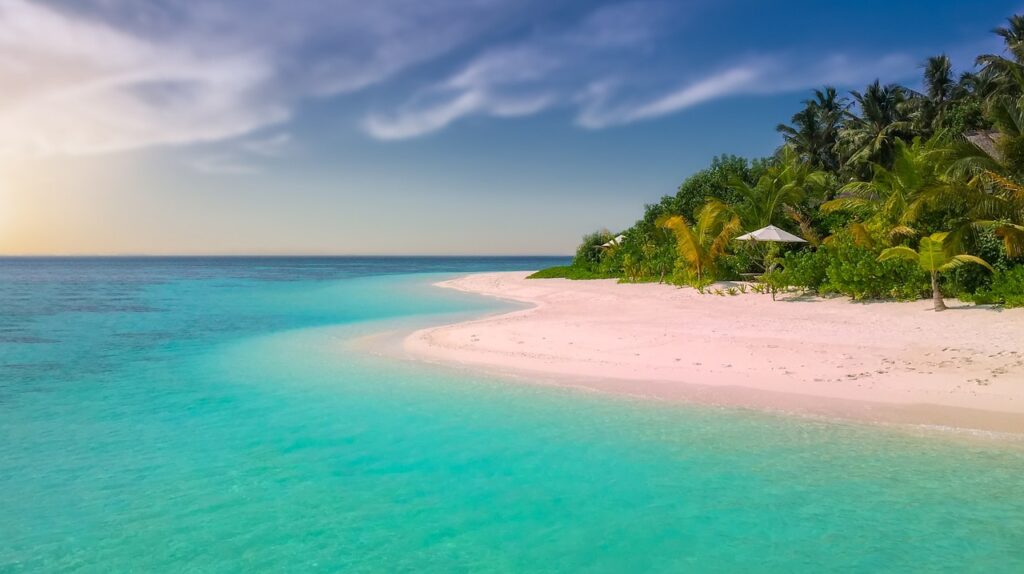 beach, paradise, island, palm trees, ocean, romantic, sunset, nature, seascape, sea, summer, bathing, holiday, sandy beach, vacations